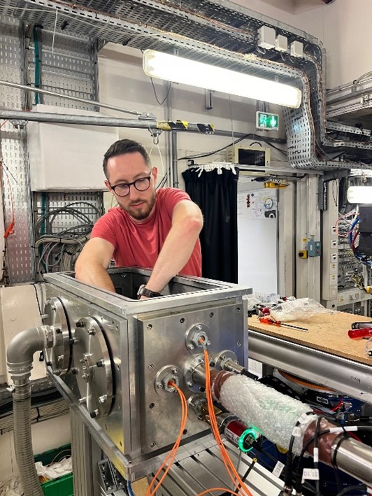 First Light scientist Ronan Doherty setting up a target coupled to a single-stage gas launcher at ESRF’s ID19 beamline - picture contributed