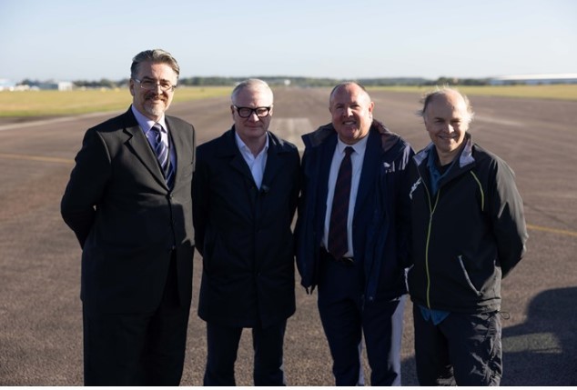 Cllr Tim Sinclair, Warwickshire County Council; Richard Parker, Mayor of the West Midlands; Cllr Jim O’Boyle, Coventry City Council; Cllr Ian Davison, Warwick District Council, at the Coventry and Warwick Gigapark site. Credit: WMCA